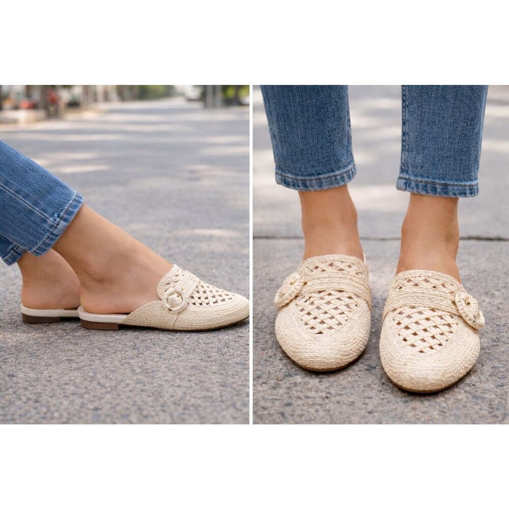 Nine West Caspe2 Ivory Woven Mule Slides Womens Size 9M Raffia Pointed Toe NWBox